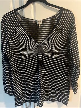 Armani Collezioni Black and White Striped V-Neck Light Knit Long Sleeve Top